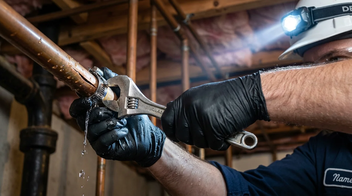 Emergency pipe clamp repair being performed by a Johns Plumbing LLC plumber in Arnold