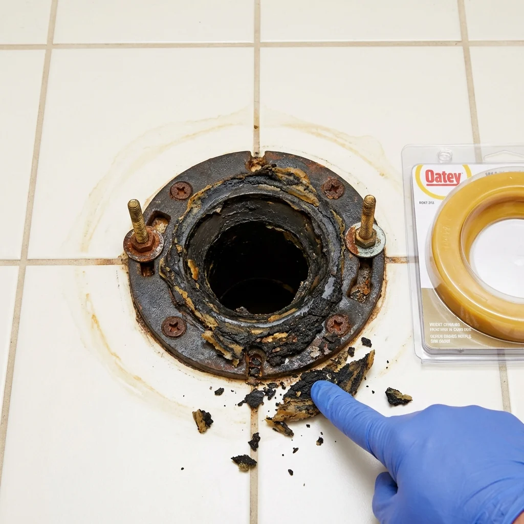 Failed wax ring showing water seepage at the base of a toilet in a Arnold, MO home